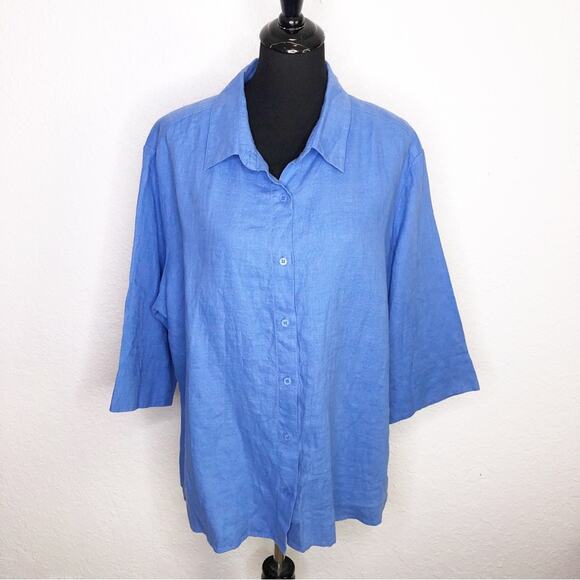 Zyga Lin'n Laundry bright blue linen button down top size FR 42 or US Large - Picture 1 of 14